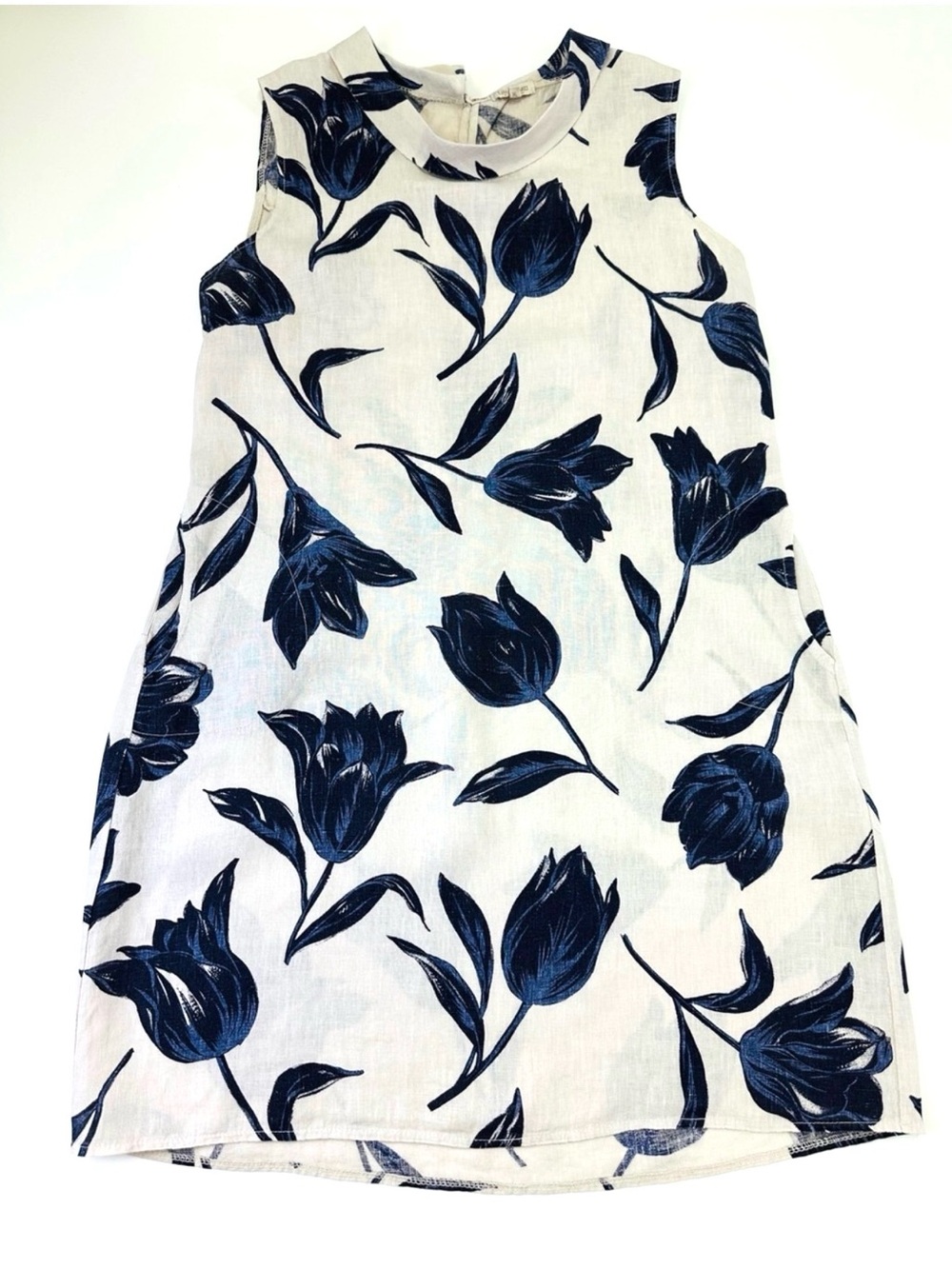 Lina Tomei Linen Tulip Print Dress XL Made in Italy Sleeveless Stretch Panels